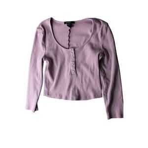 Forever 21 Ribbed Mauve 3/4 Sleeve Henley T-Shirt Cropped Neutral Medium